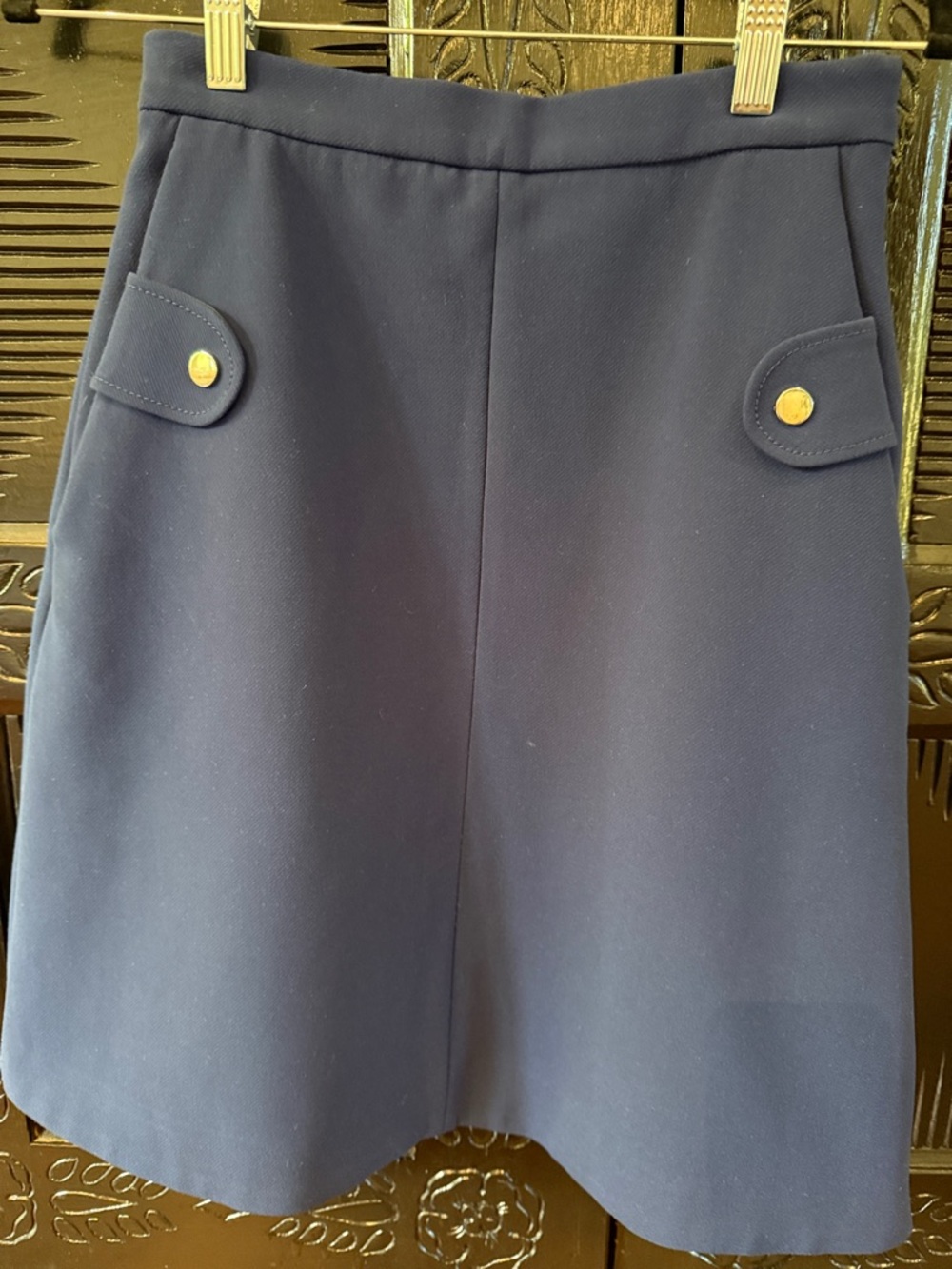 Carven Navy A-Line Skirt with Gold Buttons
